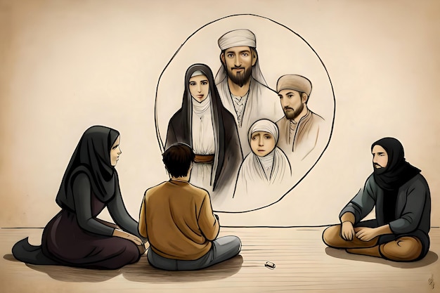 Foto un cartone animato di una famiglia con una foto di una famiglia.