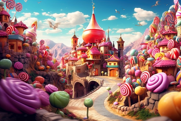 Cartoon fantastic candy land landscape with sweet castle Generative AI illustration with gingerbread houses of a fairy kingdom ice cream trees and a milk river