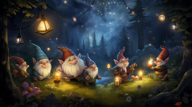 Cartoon Fantasy Children's Book with Several Gnomes in the Forest