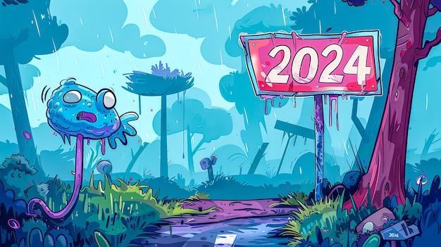 Cartoon fantasy landscape with signpost