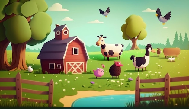 A cartoon farm scene with a barn and a pig on the fence.