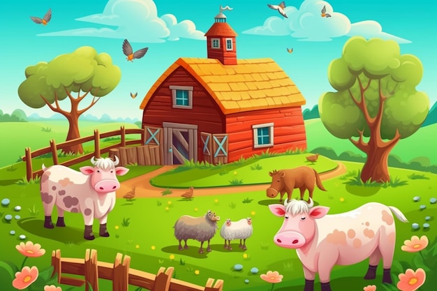 Cartoon farm scene with cows and sheep in the field generative ai