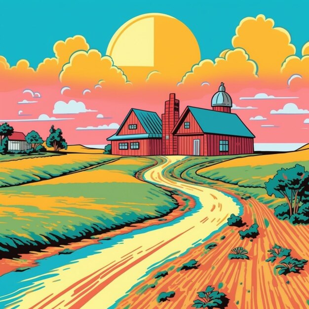 A cartoon farm scene with a road leading to a farm generative ai