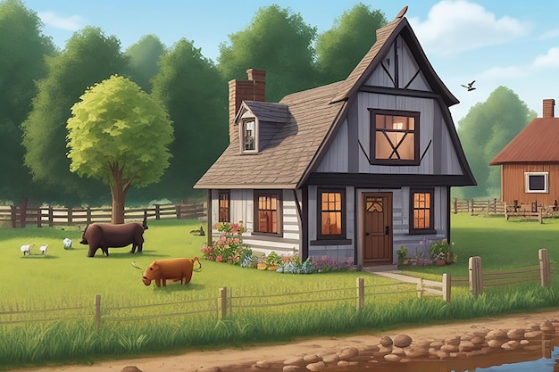 Photo cartoon farm with animals and farmers farm background