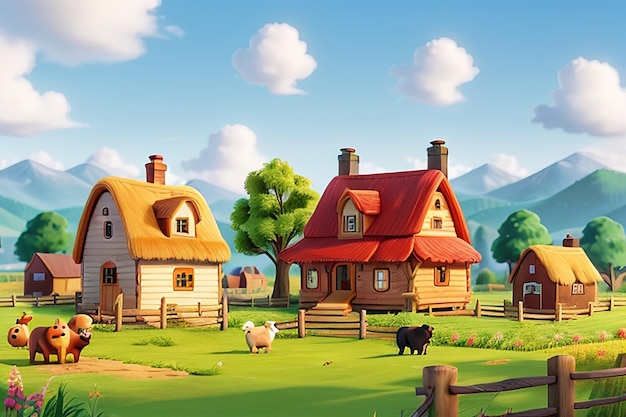 Photo cartoon farm with animals and farmers farm background