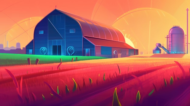 A cartoon farm with a blue barn in the background.