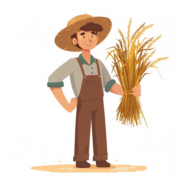 Photo a cartoon farmer holding a bundle of wheat generative ai