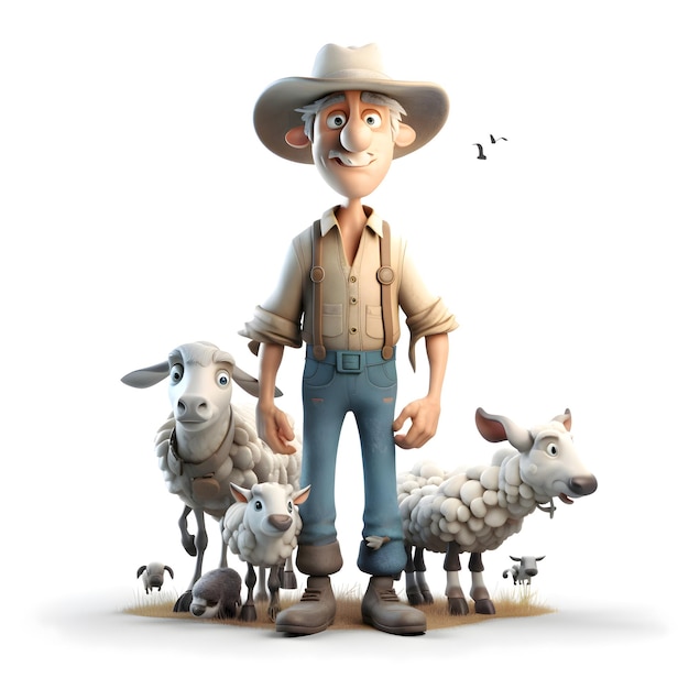 Cartoon farmer with a flock of sheep Isolated on white background