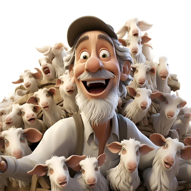 白い背景の3Dイラストに羊を描いた漫画の農夫