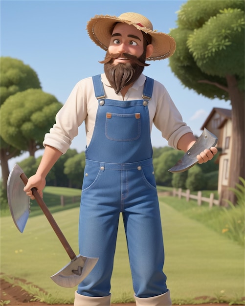 a cartoon of a farmer with a shovel and a house in the background