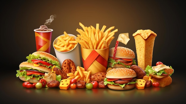 cartoon of Fast food 3d realistic render vector icon set Pizza taco hamburger