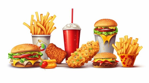 cartoon of Fast food 3d realistic render vector icon set