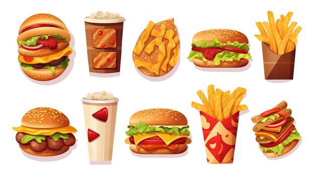 Photo cartoon of fast food 3d realistic render vector icon set