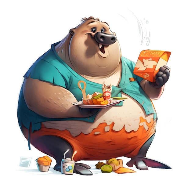 A cartoon of a fat man holding a box of food and a box of food