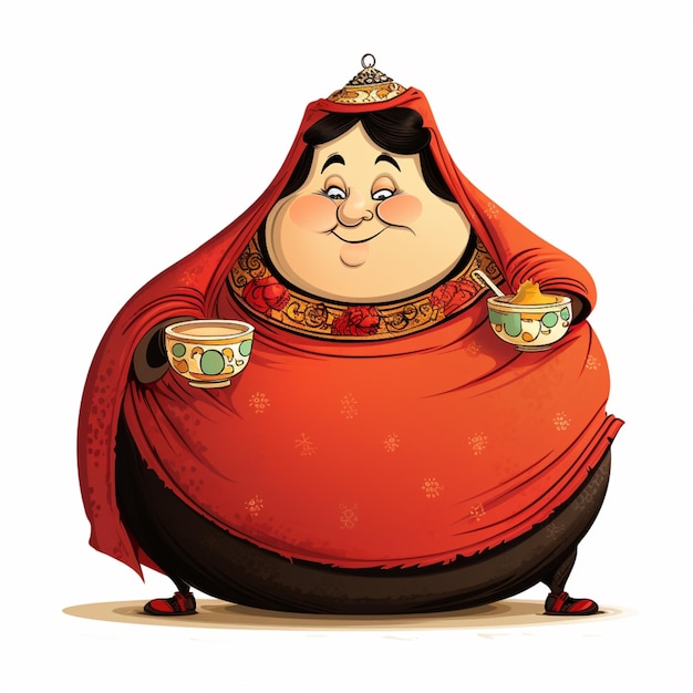 cartoon fat woman in red dress holding a cup of tea generative ai