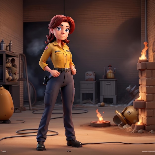 Мультфильм о женском персонаже со шлангом перед огнем