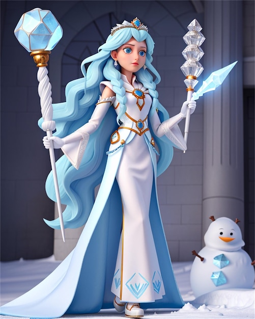 a cartoon of a female character with a light blue dress and a white snowman.