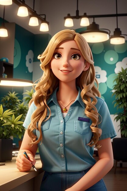 a cartoon of a female character with long hair and a blue shirt.