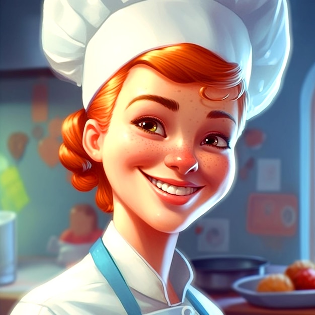 Cartoon female chef with a charming face in the kitchen background