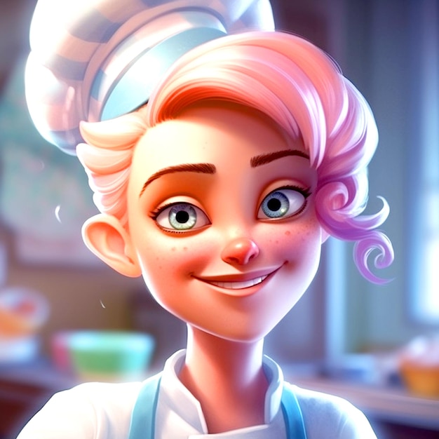 Photo cartoon female chef with smile on kitchen background