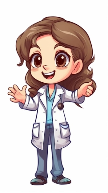 a cartoon of a female doctor with a white coat.