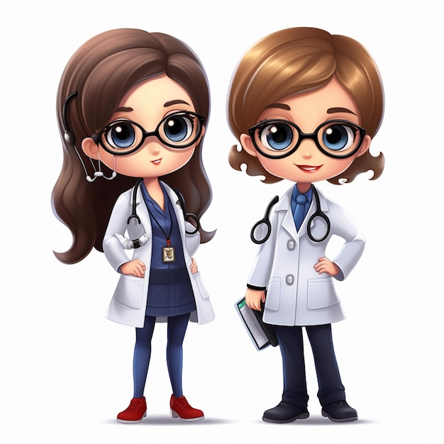 Cartoon female doctors in white coats and glasses standing next to each other generative ai