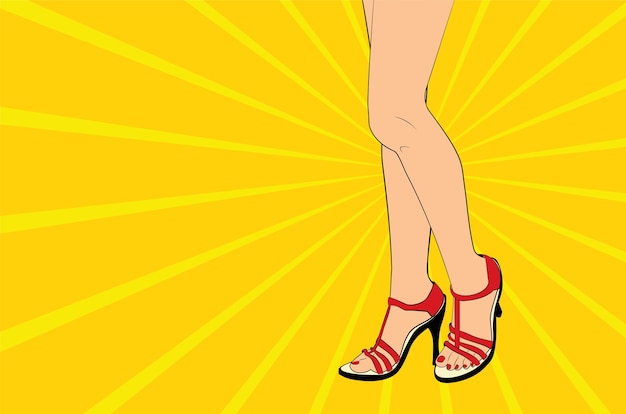 Cartoon female legs in red summer sandals, retro pop art style