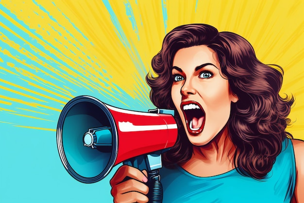 Photo cartoon of female speaker with megaphone