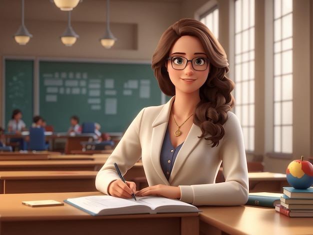 a cartoon of a female teacher in front of a classroom