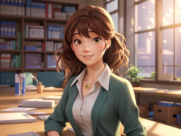 a cartoon of a female teacher in front of a classroom