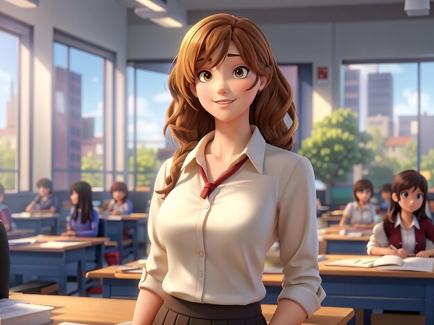 a cartoon of a female teacher in front of a classroom