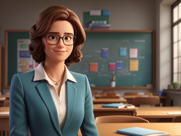 a cartoon of a female teacher in front of a classroom