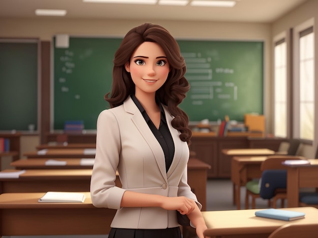 a cartoon of a female teacher in front of a classroom