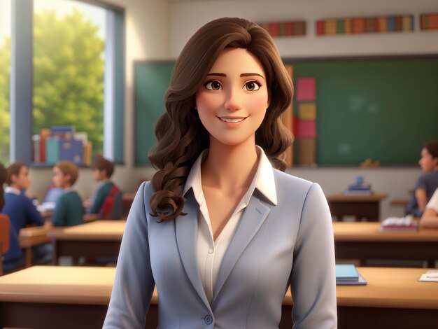 a cartoon of a female teacher in front of a classroom