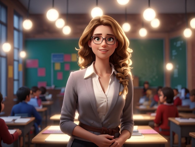 a cartoon of a female teacher in front of a classroom