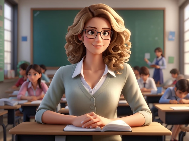 a cartoon of a female teacher in front of a classroom