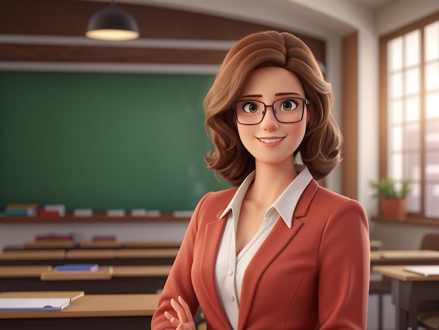a cartoon of a female teacher in front of a classroom
