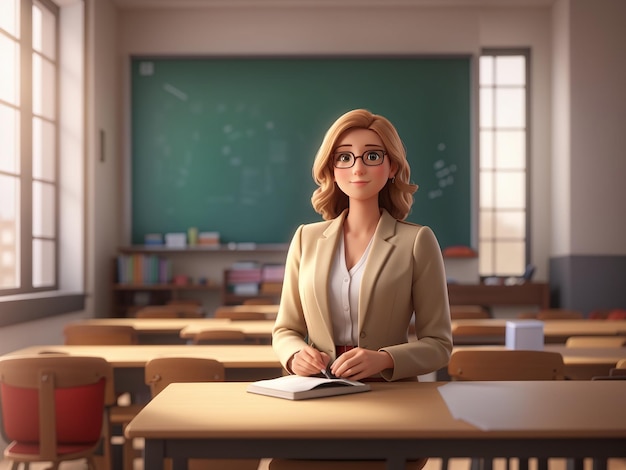 a cartoon of a female teacher in front of a classroom