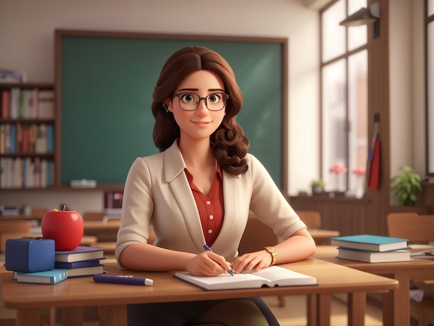 a cartoon of a female teacher in front of a classroom