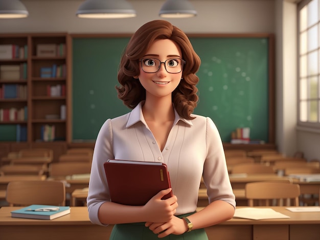 a cartoon of a female teacher in front of a classroom