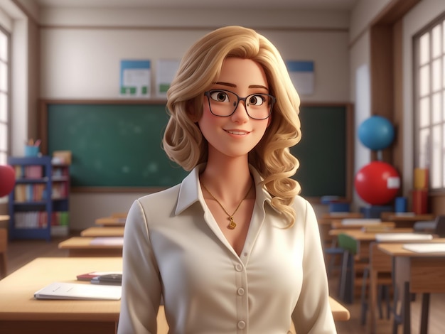 Photo a cartoon of a female teacher in front of a classroom