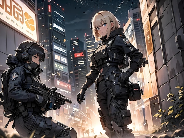 a cartoon of a female woman and a girl with a gun in front of a building