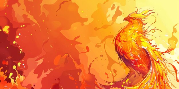 Cartoon fenix isolated on burning fiery background with copy space