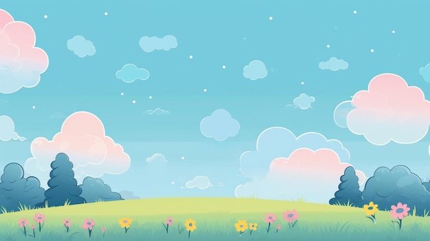 A cartoon of a field with a tree and a sky with clouds.