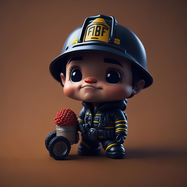 A cartoon figure of a chibi little boy wearing a hard hat fireman