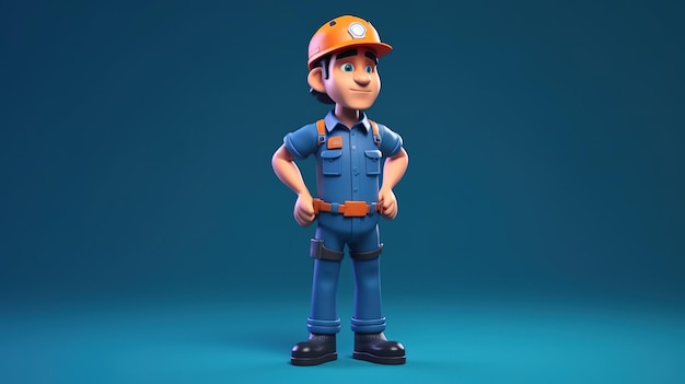 A cartoon figure of a construction worker wearing a blue uniform and a blue background.