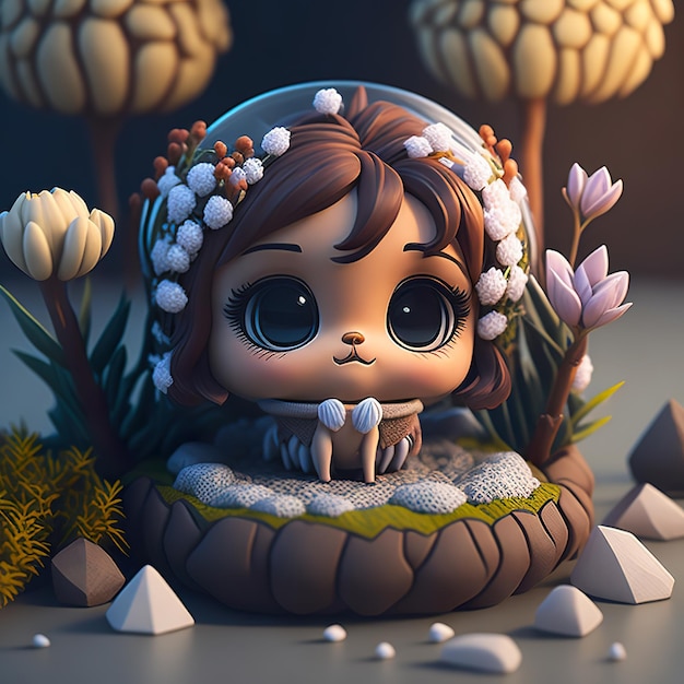 A cartoon figure of a girl with a flower in her hair sits on a rock surrounded by trees.