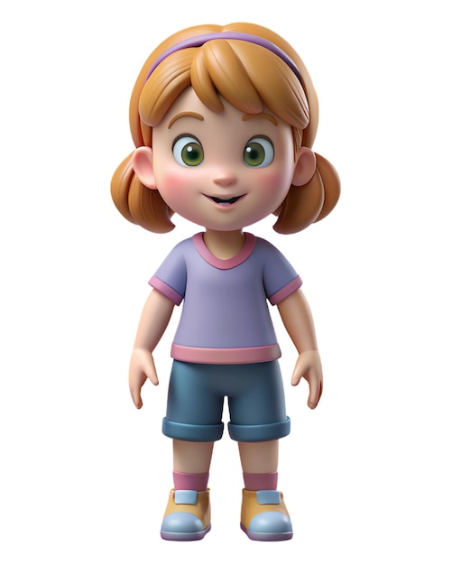 Photo a cartoon figure of a girl with a purple shirt and shorts