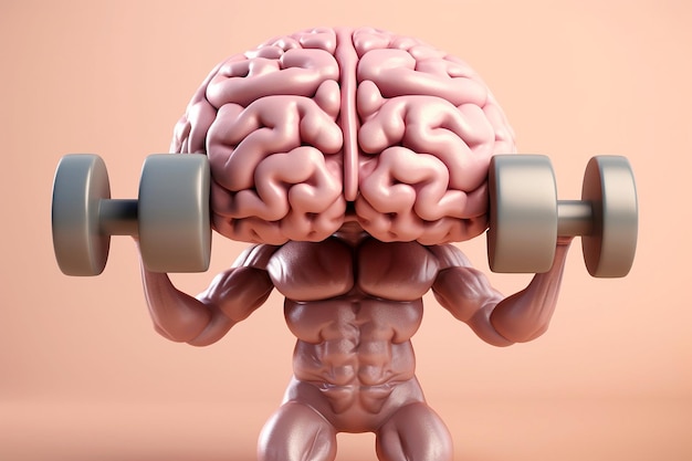 A cartoon figure of a human brain lifting weights.