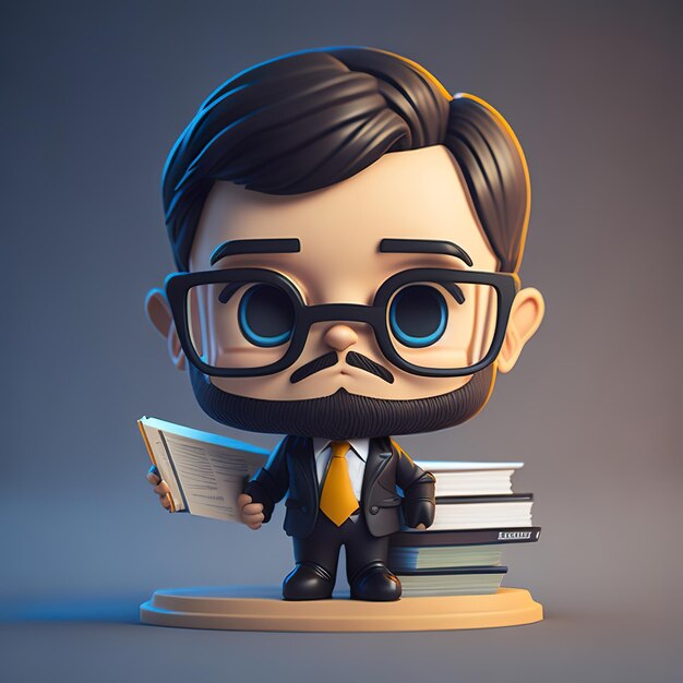 A cartoon figure of a man with glasses and a tie holding a stack of books.